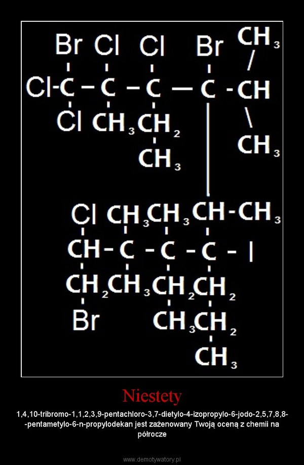 Niestety – 1,4,10-tribromo-1,1,2,3,9-pentachloro-3,7-dietylo-4-izopropylo-6-jodo-2,5,7,8,8- -pentametylo-6-n-propylodekan jest zażenowany Twoją oceną z chemii na półrocze 
