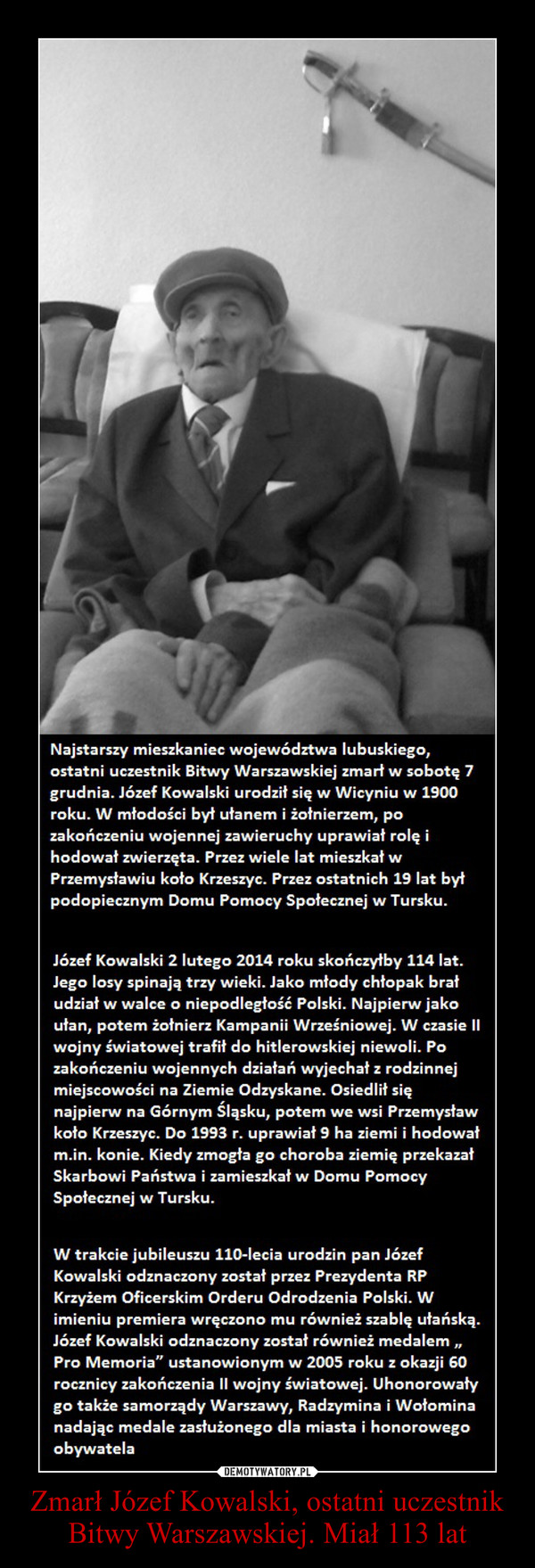 Zmarł Józef Kowalski, ostatni uczestnik Bitwy Warszawskiej. Miał 113 lat –  