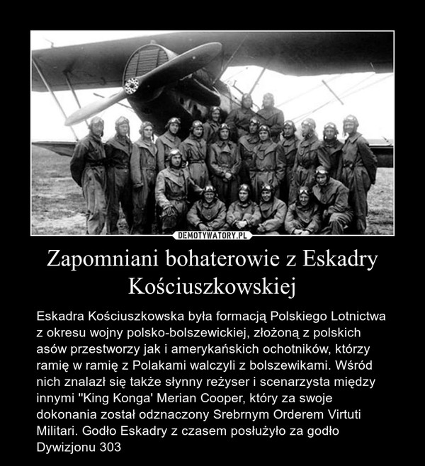 Zapomniani bohaterowie z Eskadry Kościuszkowskiej – Eskadra Kościuszkowska była formacją Polskiego Lotnictwa z okresu wojny polsko-bolszewickiej, złożoną z polskich asów przestworzy jak i amerykańskich ochotników, którzy ramię w ramię z Polakami walczyli z bolszewikami. Wśród nich znalazł się także słynny reżyser i scenarzysta między innymi ''King Konga' Merian Cooper, który za swoje dokonania został odznaczony Srebrnym Orderem Virtuti Militari. Godło Eskadry z czasem posłużyło za godło Dywizjonu 303 