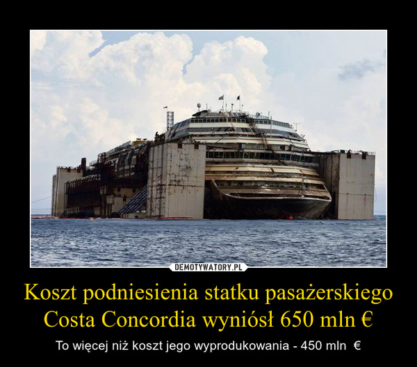 Koszt podniesienia statku pasażerskiego Costa Concordia wyniósł 650 mln € – To więcej niż koszt jego wyprodukowania - 450 mln  € 