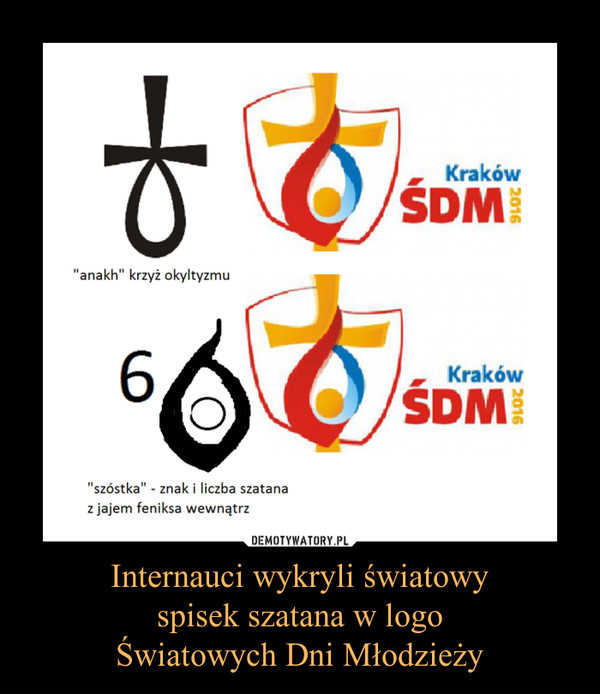 Internauci wykryli światowy spisek szatana w logo Światowych Dni Młodzieży –  "anakh" krzyż okultyzmu"szóstka" - znak i liczba szatana z jajem feniksa wewnątrz