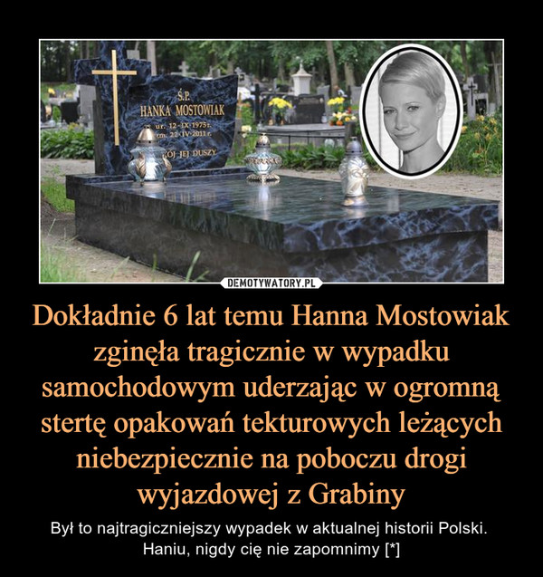 Dokładnie 6 lat temu Hanna Mostowiak zginęła tragicznie w wypadku samochodowym uderzając w ogromną stertę opakowań tekturowych leżących niebezpiecznie na poboczu drogi wyjazdowej z Grabiny – Był to najtragiczniejszy wypadek w aktualnej historii Polski. Haniu, nigdy cię nie zapomnimy [*] HANIU, PAMIĘTAMY [*]7.11.2017