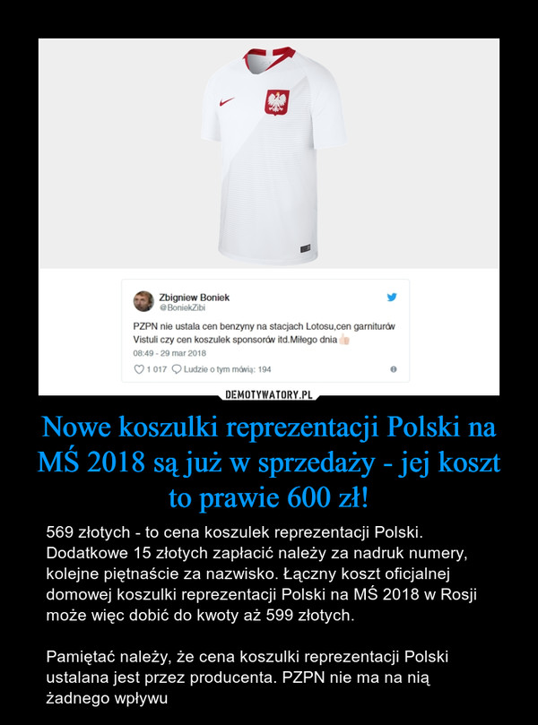 Nowe koszulki reprezentacji Polski na MŚ 2018 są już w sprzedaży - jej koszt to prawie 600 zł!