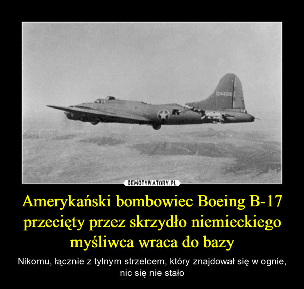 Amerykański bombowiec Boeing B-17 przecięty przez skrzydło niemieckiego myśliwca wraca do bazy – Nikomu, łącznie z tylnym strzelcem, który znajdował się w ognie, nic się nie stało 