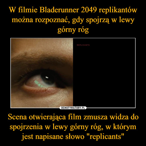 W filmie Bladerunner 2049 replikantów można rozpoznać, gdy spojrzą w lewy górny róg Scena otwierająca film zmusza widza do spojrzenia w lewy górny róg, w którym jest napisane słowo "replicants"