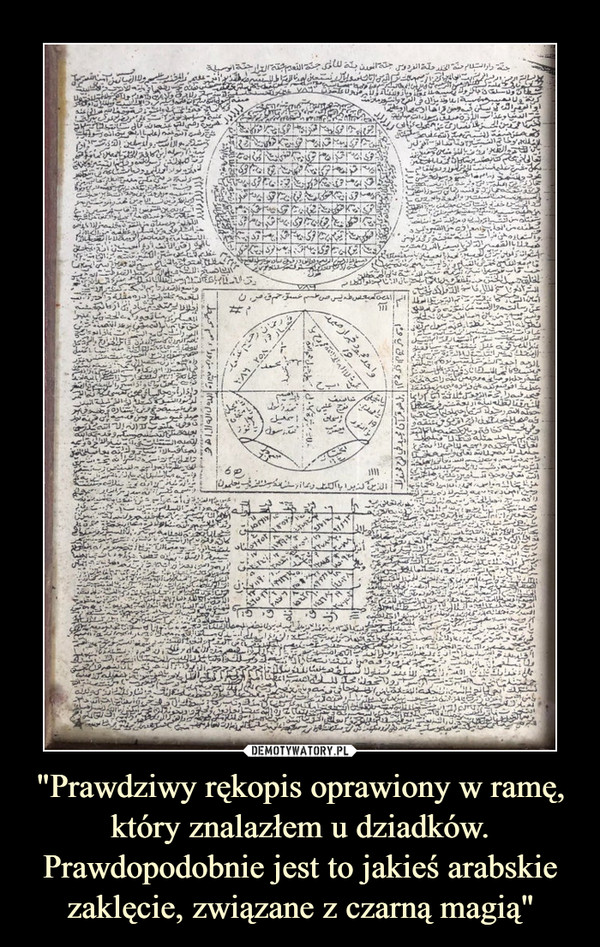 "Prawdziwy rękopis oprawiony w ramę, który znalazłem u dziadków. Prawdopodobnie jest to jakieś arabskie zaklęcie, związane z czarną magią"
