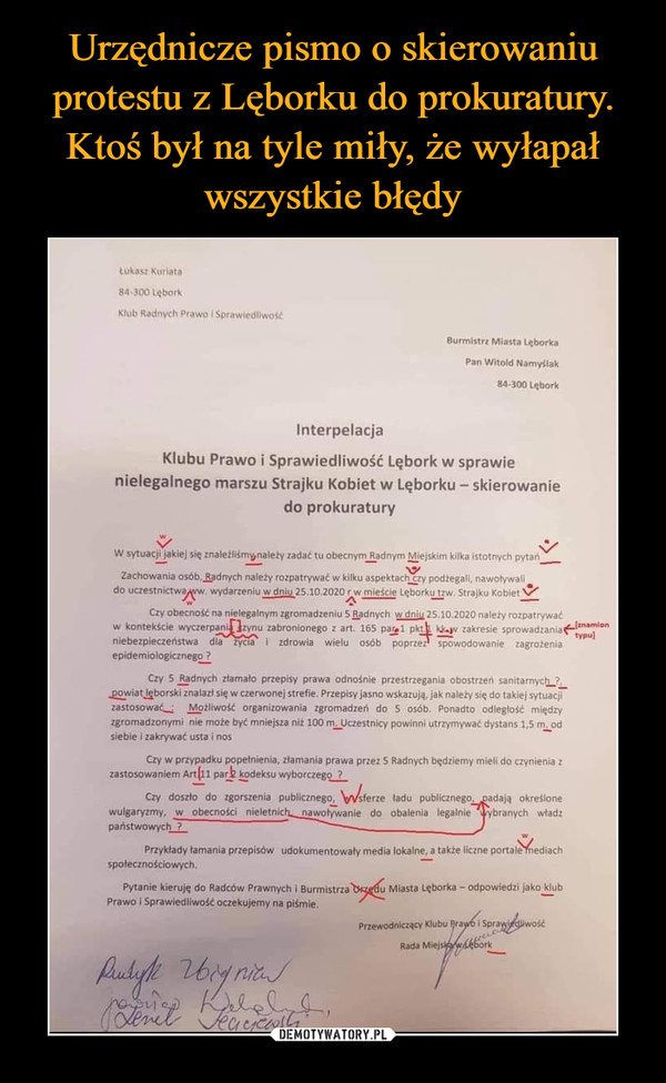 Urzędnicze pismo o skierowaniu protestu z Lęborku do prokuratury. Ktoś był na tyle miły, że wyłapał wszystkie błędy