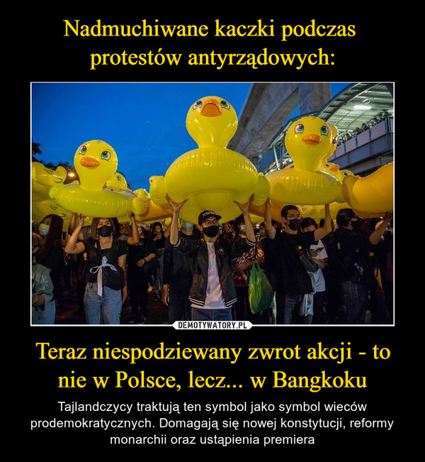 Nadmuchiwane kaczki podczas 
protestów antyrządowych: Teraz niespodziewany zwrot akcji - to nie w Polsce, lecz... w Bangkoku
