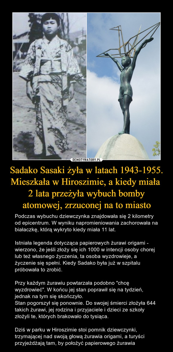 Sadako Sasaki żyła w latach 1943-1955. Mieszkała w Hiroszimie, a kiedy miała 2 lata przeżyła wybuch bomby atomowej, zrzuconej na to miasto – Podczas wybuchu dziewczynka znajdowała się 2 kilometry od epicentrum. W wyniku napromieniowania zachorowała na białaczkę, którą wykryto kiedy miała 11 lat. Istniała legenda dotycząca papierowych żurawi origami - wierzono, że jeśli złoży się ich 1000 w intencji osoby chorej lub też własnego życzenia, ta osoba wyzdrowieje, a życzenie się spełni. Kiedy Sadako była już w szpitalu próbowała to zrobić. Przy każdym żurawiu powtarzała podobno "chcę wyzdrowieć". W końcu jej stan poprawił się na tydzień, jednak na tym się skończyło. Stan pogorszył się ponownie. Do swojej śmierci złożyła 644 takich żurawi, jej rodzina i przyjaciele i dzieci ze szkoły złożyli te, których brakowało do tysiąca. Dziś w parku w Hiroszimie stoi pomnik dziewczynki, trzymającej nad swoją głową żurawia origami, a turyści przyjeżdżają tam, by położyć papierowego żurawia 