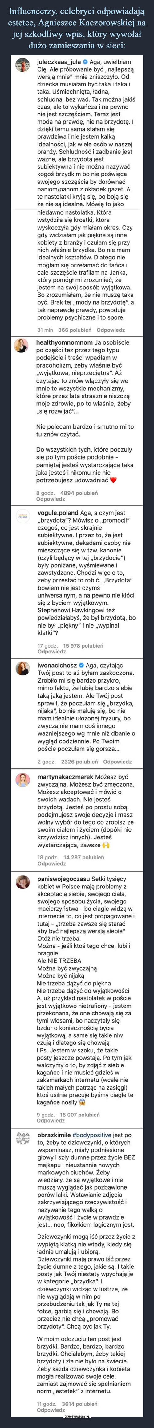 Influencerzy, celebryci odpowiadają estetce, Agnieszce Kaczorowskiej na jej szkodliwy wpis, który wywołał dużo zamieszania w sieci: