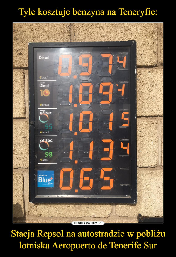 Tyle kosztuje benzyna na Teneryfie: Stacja Repsol na autostradzie w pobliżu lotniska Aeropuerto de Tenerife Sur
