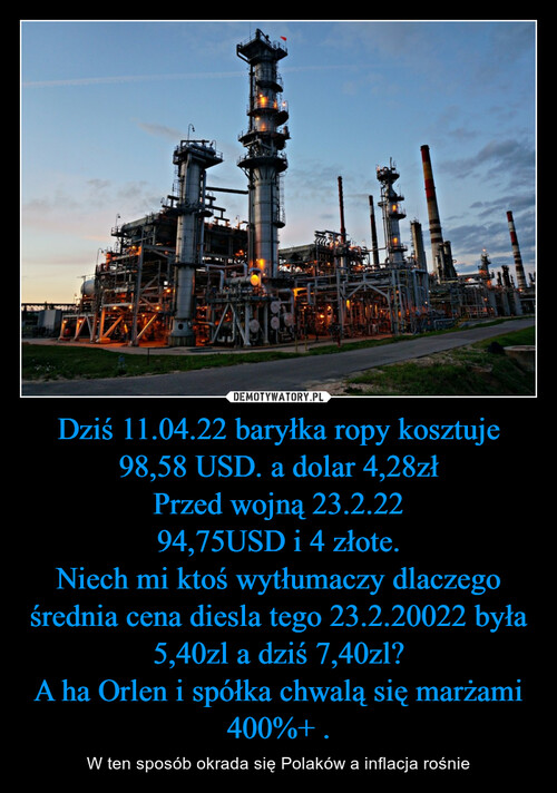 Dziś 11.04.22 baryłka ropy kosztuje 98,58 USD. a dolar 4,28zł
Przed wojną 23.2.22
94,75USD i 4 złote.
Niech mi ktoś wytłumaczy dlaczego średnia cena diesla tego 23.2.20022 była 5,40zl a dziś 7,40zl?
A ha Orlen i spółka chwalą się marżami 400%+ .