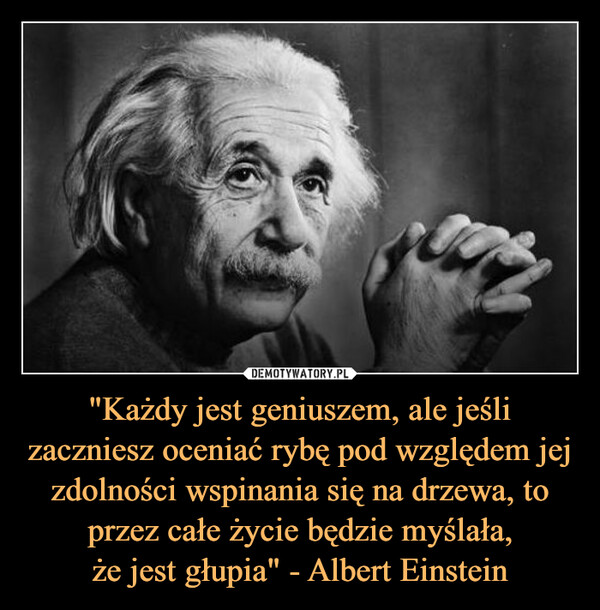 "Każdy jest geniuszem, ale jeśli zaczniesz oceniać rybę pod względem jej zdolności wspinania się na drzewa, to przez całe życie będzie myślała,że jest głupia" - Albert Einstein –  