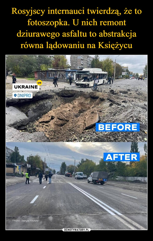 Rosyjscy internauci twierdzą, że to fotoszopka. U nich remont dziurawego asfaltu to abstrakcja równa lądowaniu na Księżycu