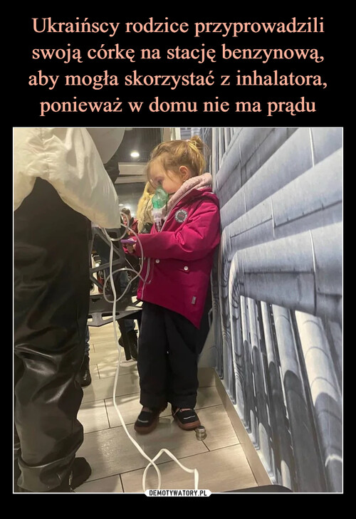 Ukraińscy rodzice przyprowadzili swoją córkę na stację benzynową, aby mogła skorzystać z inhalatora, ponieważ w domu nie ma prądu