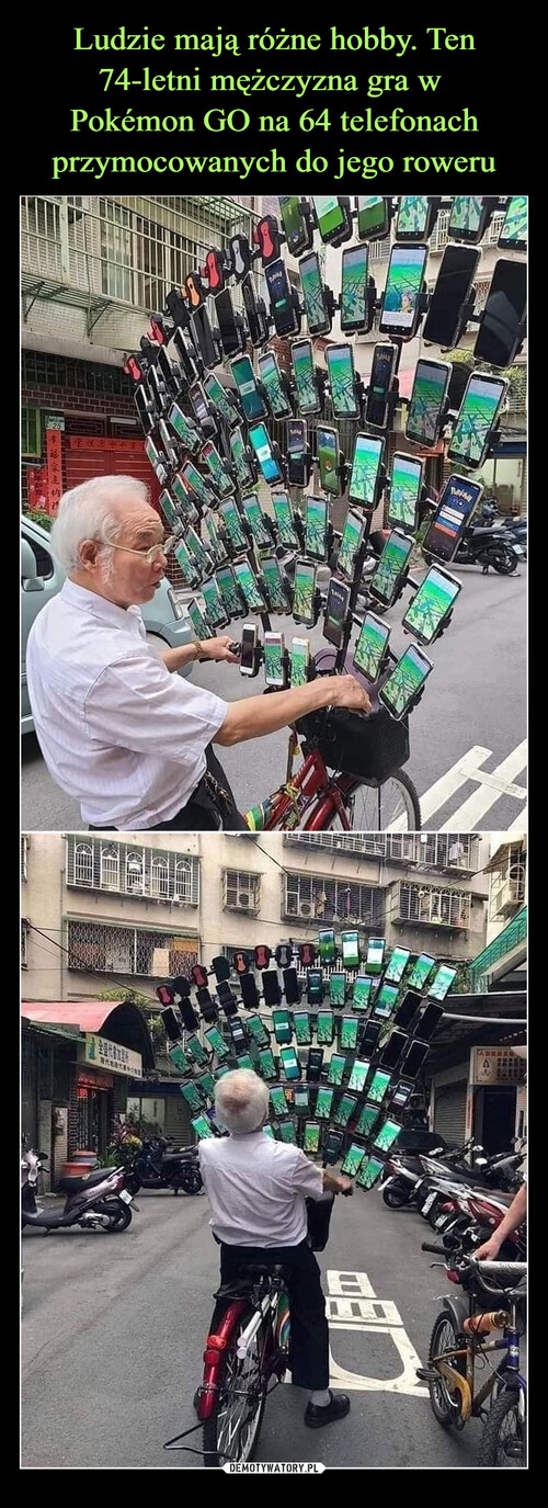 Ludzie mają różne hobby. Ten 74-letni mężczyzna gra w 
Pokémon GO na 64 telefonach przymocowanych do jego roweru