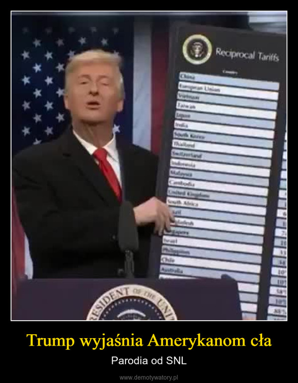 Trump wyjaśnia Amerykanom cła – Parodia od SNL PRESIDENTChineTaiwanReciprocal TariffsSouth KaveeThailandSmillowrlandTHESouth AfricaUNITED