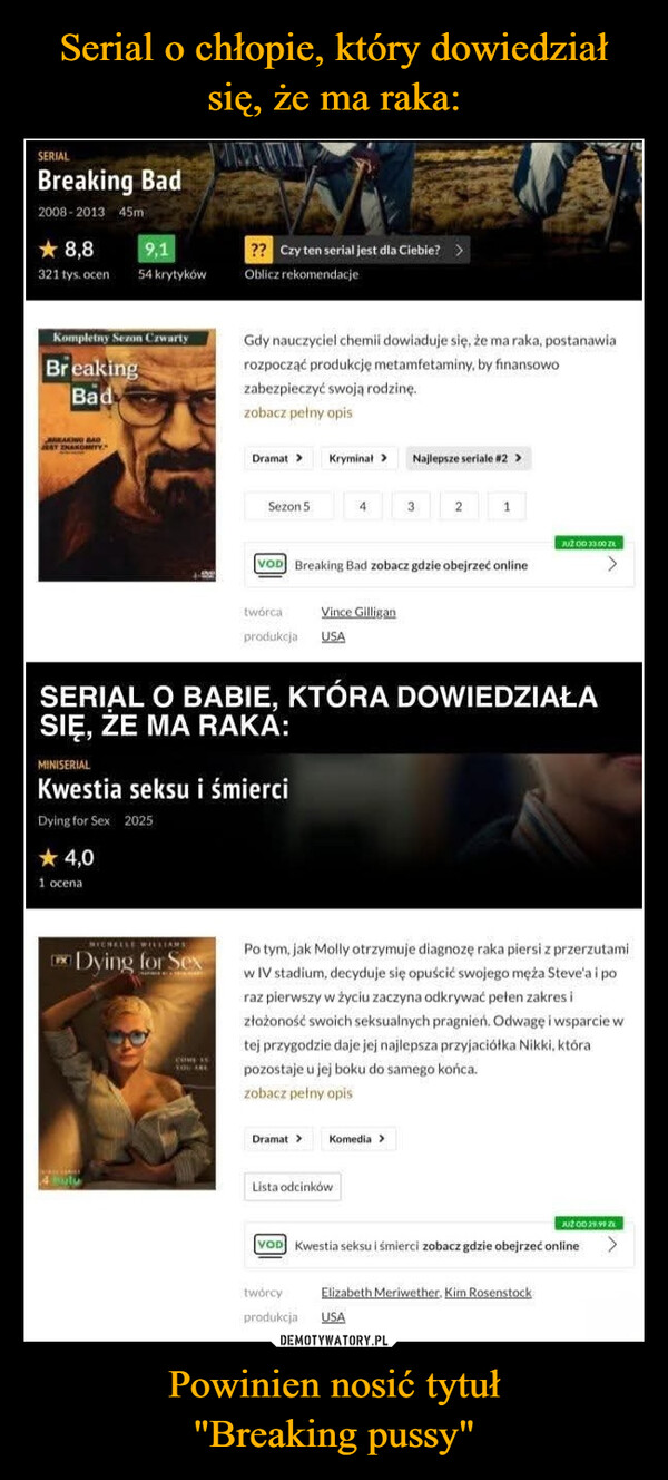 Powinien nosić tytuł"Breaking pussy" –  SERIALBreaking Bad2008-2013 45m9,18,8321 tys. ocen54 krytyków?? Czy ten serial jest dla Ciebie? >Oblicz rekomendacjeKompletny Sezon CzwartyBreakingBadGdy nauczyciel chemii dowiaduje się, że ma raka, postanawiarozpocząć produkcję metamfetaminy, by finansowozabezpieczyć swoją rodzinę.zobacz pełny opisBAKING BADKOMITYDramat > Kryminał >Najlepsze seriale #2 >Sezon 54321VOD Breaking Bad zobacz gdzie obejrzeć onlineJUŻ OD 33.00 ZŁVince Gilligantwórcaprodukcja USASERIAL O BABIE, KTÓRA DOWIEDZIAŁASIĘ, ZE MA RAKA:MINISERIALKwestia seksu i śmierciDying for Sex 2025* 4,01 ocenaWILLIAMSDying for SexPo tym, jak Molly otrzymuje diagnozę raka piersi z przerzutamiw IV stadium, decyduje się opuścić swojego męża Steve'a i poraz pierwszy w życiu zaczyna odkrywać pełen zakres izłożoność swoich seksualnych pragnień. Odwagę i wsparcie wtej przygodzie daje jej najlepsza przyjaciółka Nikki, którapozostaje u jej boku do samego końca.zobacz pełny opisDramat > Komedia >Lista odcinkówJUZ OD 29.99 ZVOD Kwestia seksu i śmierci zobacz gdzie obejrzeć onlinetwórcyElizabeth Meriwether. Kim Rosenstockprodukcja USA